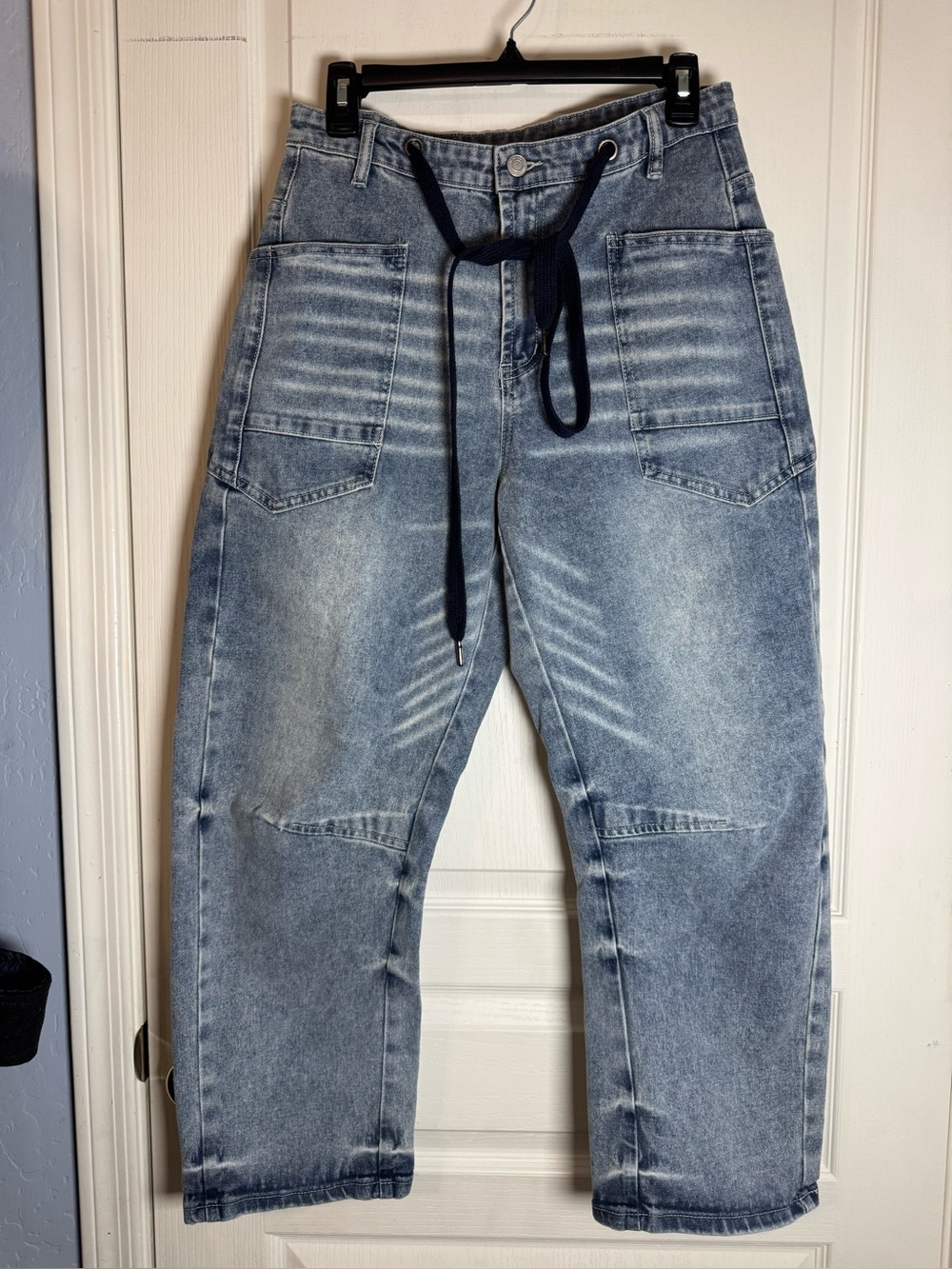 So Me Light Blue Washed Denim Jeans with Drawstring Waist Barrel Jeans Size L